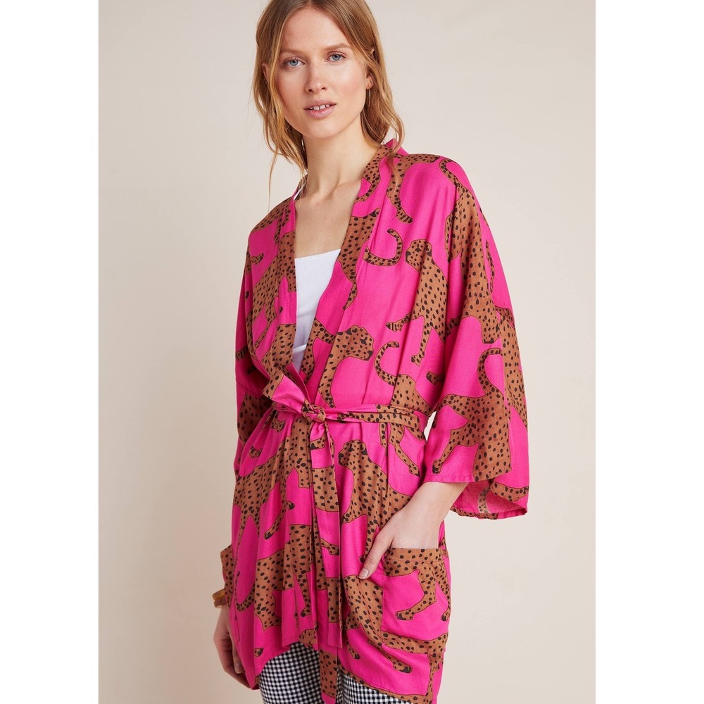Emerson Fry India Collection 100% Modal Pink Leopard Fete Kimono Belted SZ XS